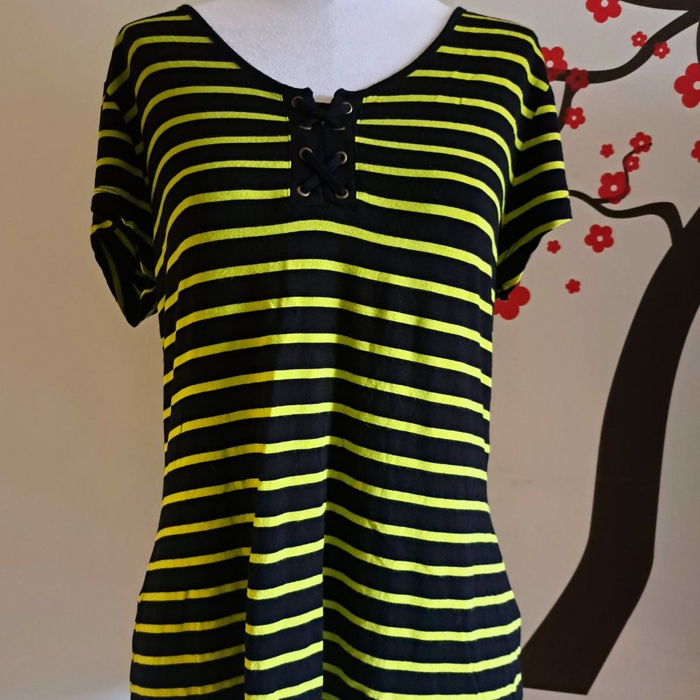 Stretchy Striped Top Cable & Gauge Women's Jersey Green Black Lace Tie Up Front